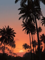 Obraz premium Silhouette of palm trees at tropical sunrise or sunset