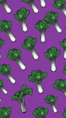 pak choi pattern on plain purple bright background cartoon design art illustration background for card or invitation quirky vibrant retro concept