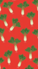 pak choi pattern on plain red bright background cartoon design art illustration background for card or invitation quirky vibrant retro concept