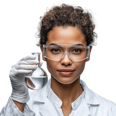 Confident Female Scientist Holding Flask with Clear Liquid in Laboratory Environment, Wearing Safety Glasses and Gloves