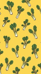 pak choi pattern on plain yellow bright background cartoon design art illustration background for card or invitation quirky vibrant retro concept