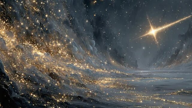 Mystical Starfall Landscape with Golden Glittering Details and Dreamy Atmosphere