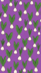 turnip greens pattern on plain purple bright background cartoon design art illustration background for card or invitation quirky vibrant retro concept