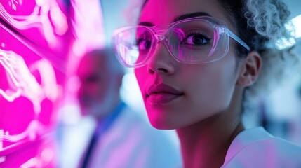 A focused scientist wearing glasses examines intricate data visualizations in a high-tech laboratory, representing innovation and the pursuit of knowledge.