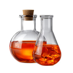 Two Glass Laboratory Flasks Filled with Amber Liquid on a White Background for Science and Research Concepts