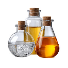 Three Elegant Glass Bottles with Cork Stoppers Containing Clear Liquid, Yellow Oil, and Amber Liquid on a White Background