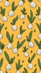 turnip greens pattern on plain yellow bright background cartoon design art illustration background for card or invitation quirky vibrant retro concept