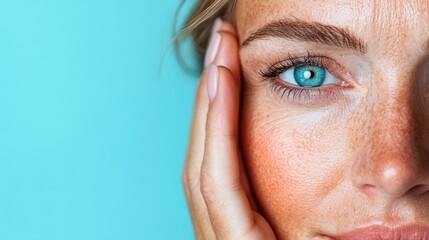 This close-up captures a woman's eye with striking blue color and warm skin tones, conveying a sense of emotion, beauty, and human connection through expressive features.