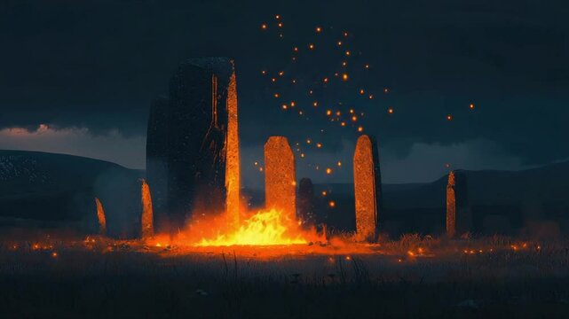 Fiery ritual at ancient stone circle under stormy sky
