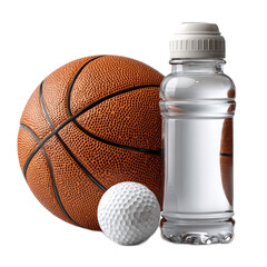 Sports Equipment Including Basketball, Golf Ball, and Water Bottle on a White Background for Fitness and Lifestyle Concepts