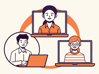 Online Meeting with Diverse Participants Connected Via Laptops Representing Remote Collaboration and Digital Communication in a Modern Illustrated Style Three