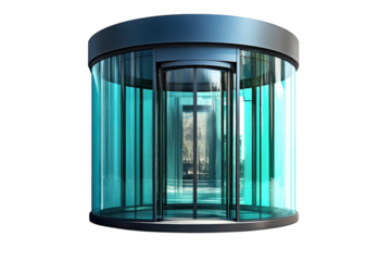 Entering a realm of crystal architecture through sleek modern revolving glass doors revealing on transparent background