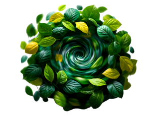 Floating leaves spiral formation, each leaf in a different green tone with light motion blur, styled on white background, isolated to transparent background