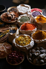 Colorful selection of dried herbs, spices, and natural ingredients in paper bags on rustic market table. Traditional Asian and herbal medicine concept.