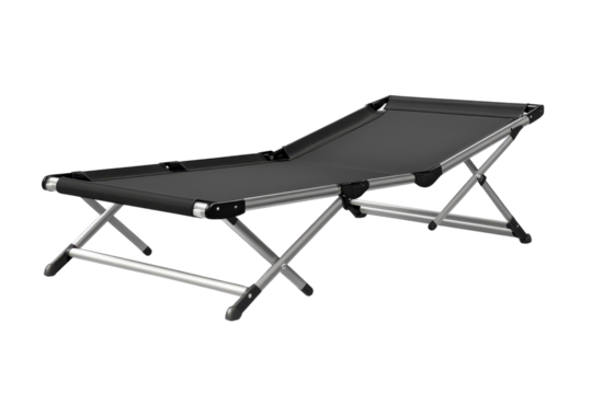Embrace serene relaxation on this portable folding cot perfect for a camping trip or beach day on transparent background