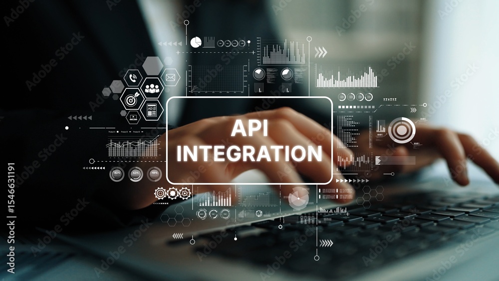 Poster hands typing on laptop keyboard with api integration concept and graphic data visualization in moder