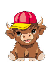 Cute Highland calf wearing a baseball cap