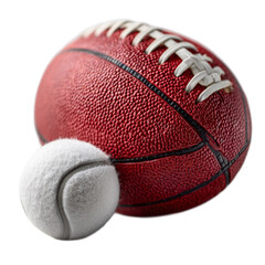 Detailed close-up of a textured football with a tennis ball in foreground, showcasing sports equipment and playful activity concept