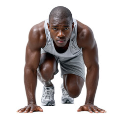 Intense male athlete preparing to sprint on track, showcasing determination, focus, and strength in athletic gear