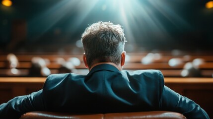 The silhouette of a man sitting in a theater seat, illuminated by striking beams of light, evokes a sense of anticipation and drama within the theatrical ambiance.