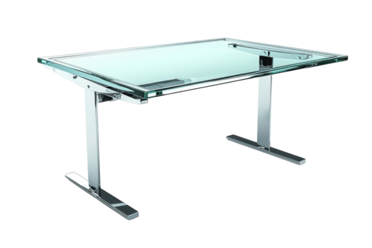 Elegant glass topped drafting table with chrome legs reflecting light and inspiring creativity on transparent background