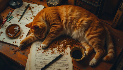 A beloved ginger cat made a complete mess at his owner's workplace and fell asleep right in front of the computer among the scattered office supplies. The concept of love and forgiveness for your pets