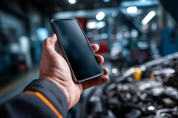 Mechanic using phone for car repair auto service mobile app diagnostics at vehicle garage workshop checkup