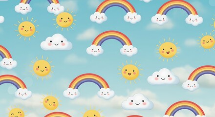 Cheerful Rainbow Sun and Cloud Pattern Happy Sky Background