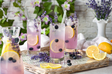 Summer refreshing non-alcoholic lavender spritz drink with blueberries