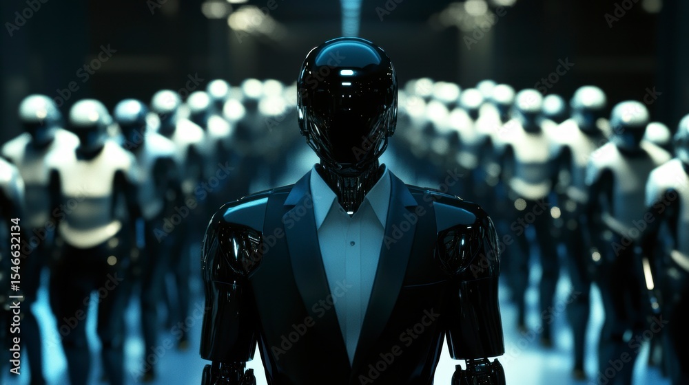 Poster A black robot in a suit leads a line of robots.