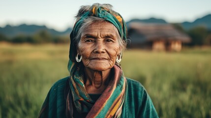 This captivating image showcases an elderly woman standing confidently in a lush green field, embodying wisdom and grace against a serene, natural backdrop.