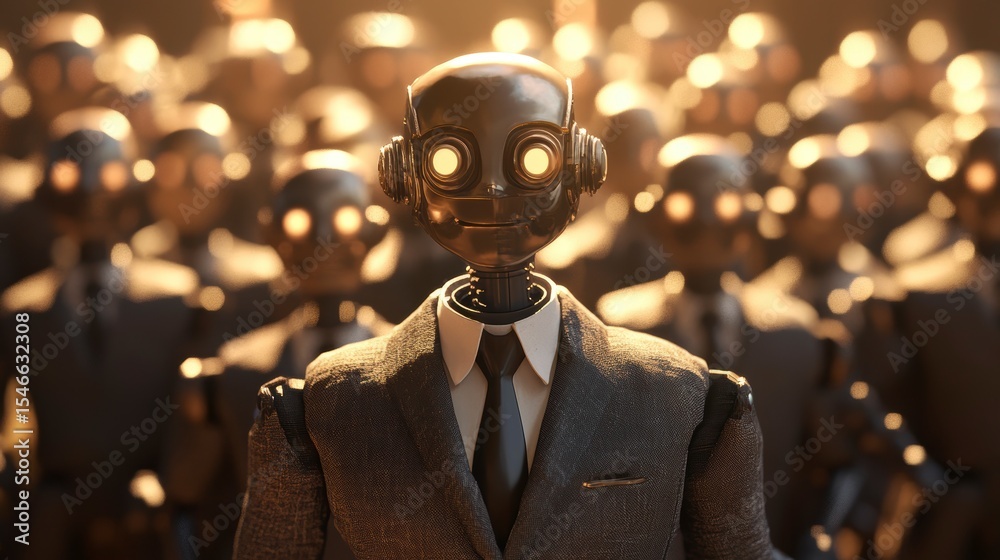 Poster A robot in a suit stands before a crowd of similar robots.
