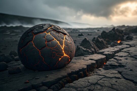 Glowing Lava Sphere rests on Cracked Volcanic Rock Surface near Ocean - Powered by Adobe