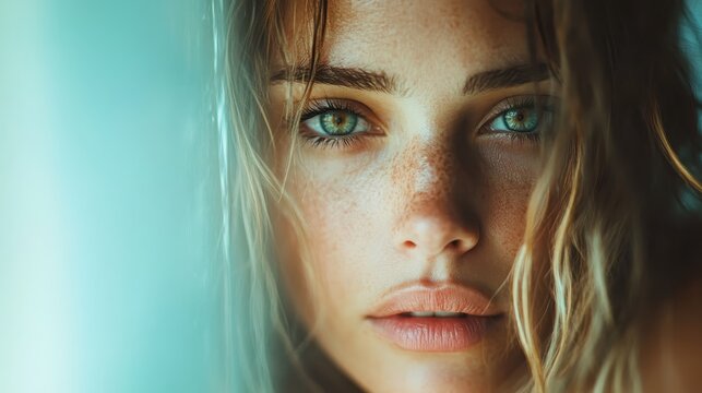 A captivating portrait of a woman with striking green eyes and freckled skin, artfully captured to convey emotions and beauty, drawing attention to her natural appeal and individuality.