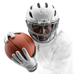 Intense Male Athlete in Football Helmet Holding Basketball, Focused Expression Showcasing Dedication and Athleticism