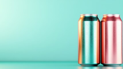 A minimalistic still life of two metallic drink cans reflecting light, set against a soft turquoise backdrop, showcasing modern beverage design and color contrast.