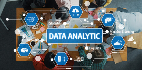 This image showcases a collaborative workspace focused on data analytic strategies, featuring...