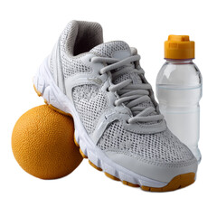Sporty White Shoe with Round Orange Ball and Water Bottle for Fitness and Exercise Activities in a Bright Arrangement