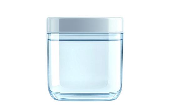 An elegantly clear container holding pristine water reflecting a sense of purity and on transparent background