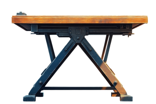 An antique drafting table evoking the spirit of innovation with weathered wood surface and on transparent background