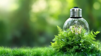 A symbolic representation of sustainability showcasing a lightbulb nestled in lush green grass and ferns, reflecting an eco-conscious approach to lighting and innovation in harmony with nature.