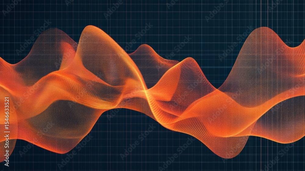 Poster abstract orange wave flowing over dark grid background.