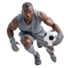 Athletic Male Football Player in Grey Gear Jumping with Soccer Ball Against White Background for Dynamic Sports Imagery