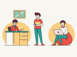 Diverse Work Environments A Flat Vector Illustration of Professionals in Office Standing and Beanbag Chair Settings Emphasizing Flexibility and Modern Workspaces