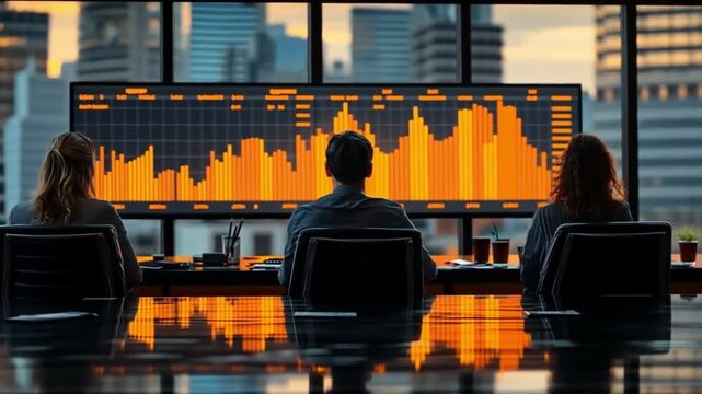 Financial analysts analyze graphs in highrise office reflections on conference table