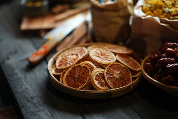 Close-up of dried orange slices in bamboo basket. Natural citrus fruit preserved for herbal tea,...