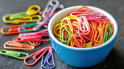 Colorful paperclips in a blue bowl