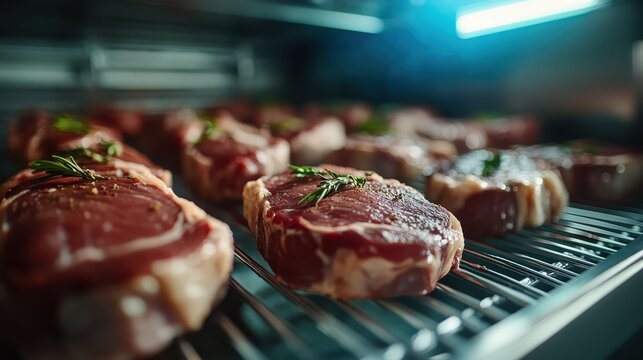 A vibrant display of fresh meat cuts seasoned with herbs on a grill, highlighting culinary art and the appetizing appeal of quality ingredients in a contemporary kitchen.