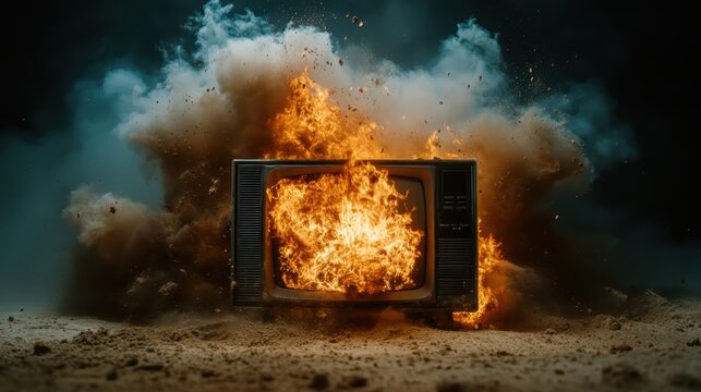 A dramatic image capturing a vintage television exploding in a blaze of fire and smoke, symbolizing chaos and destruction in a powerful artistic representation.