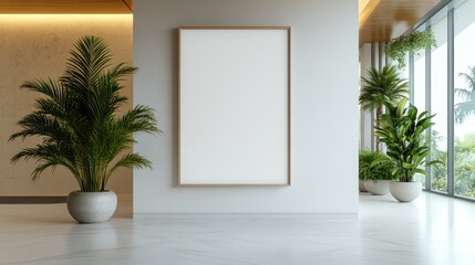 A sleek modern interior featuring a blank canvas on a white wall, surrounded by lush greenery, showcasing minimalism and the potential for creativity and artistic expression.